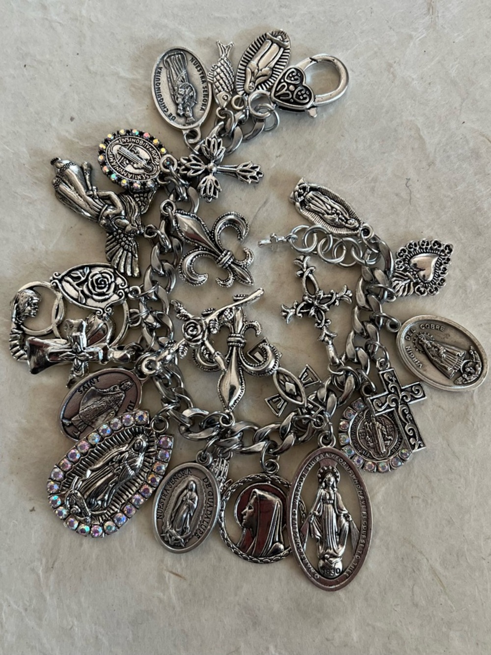 Charm Bracelet, Guadalupe, Saints Crosses Silver Tone Catholic All Saints Day